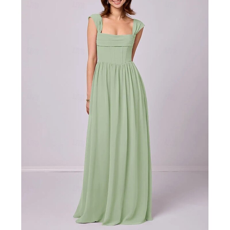 A-Line Bridesmaid Dress Straps Sleeveless Elegant Floor Length Chiffon with Pleats / Ruching