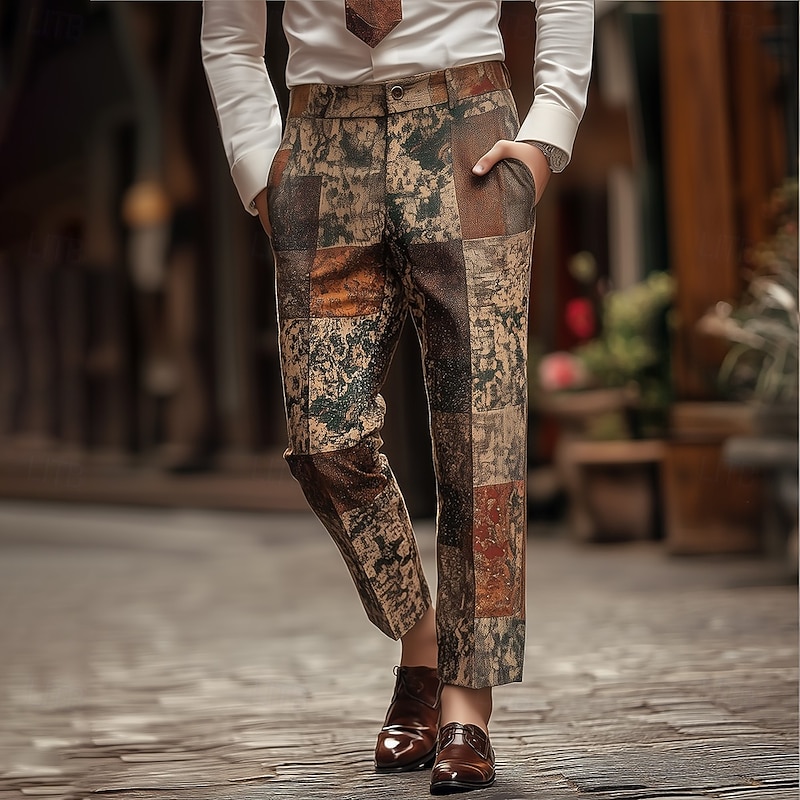Men's Geometric Color Block Patchwork Dress Pants Trousers Suit Pants Mid Waist Vintage Retro Vacation Casual Regular Fit Flat-Front Straight Leg Pants with Pockets Summer Spring Fall 3D Print Yellow