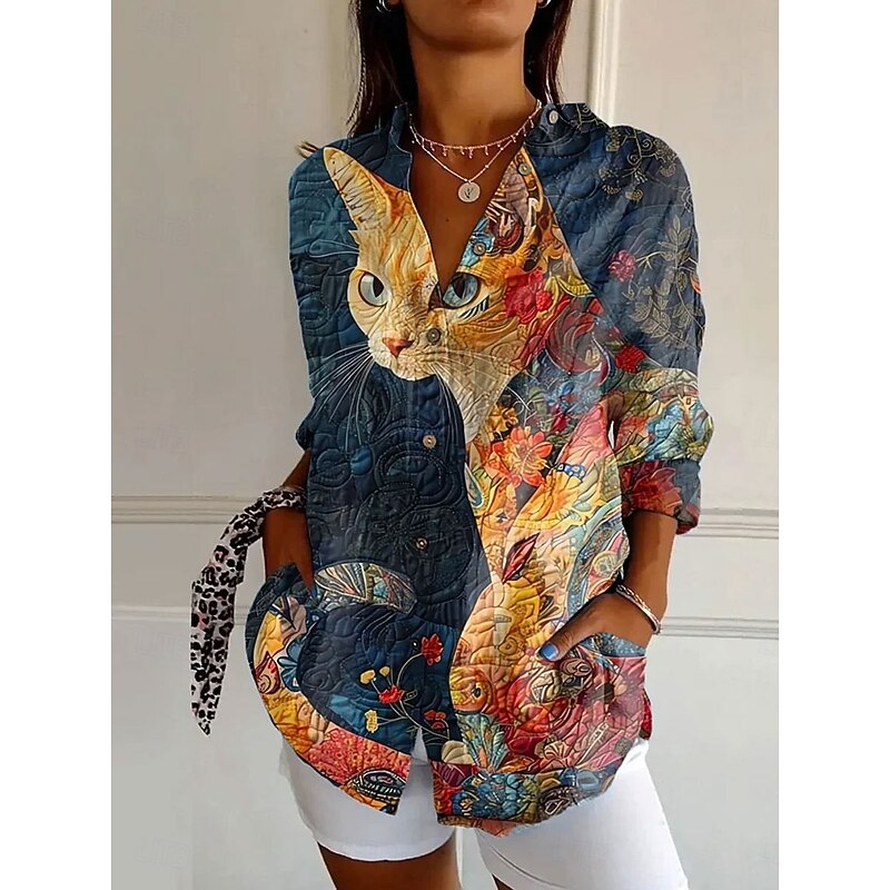 Women's Shirt Button Down Tunic Shirt Collar Long Sleeve Graphic Animal Daily Stylish Casual Regular Tops Daily Holiday s Print Pink Blue Green Khaki Spring Fall
