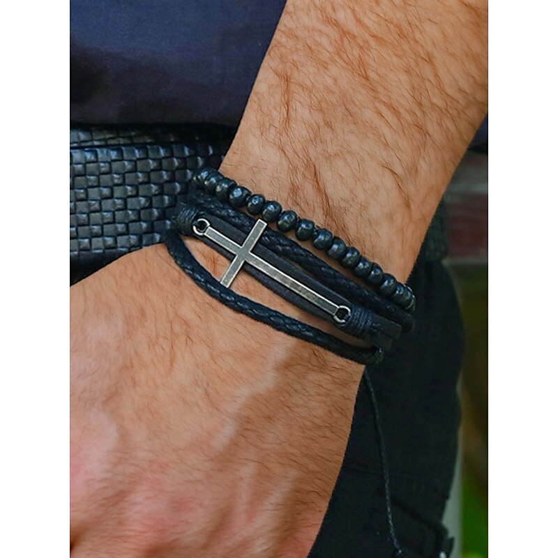 Men's Gothic Cross Leather Beaded Bracelet – Vintage Multilayer Wristband for Halloween Parties and Retro Punk Style2
