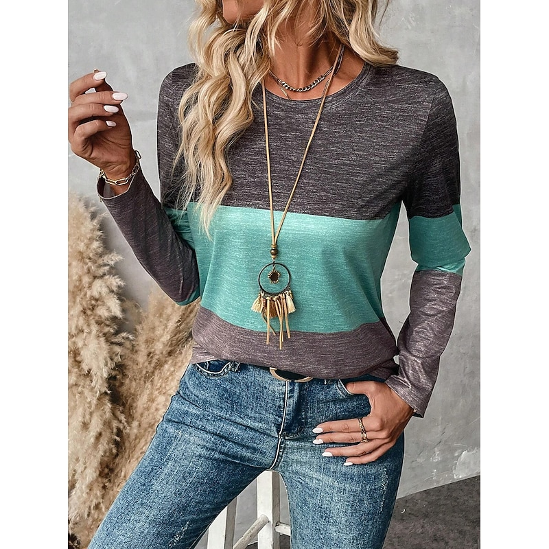 Women's T shirt Crew Neck Long Sleeve Tunic Graphic Color Block Striped Vintage Stylish Classic  Regular Tops Daily Weekend Print Green Fall