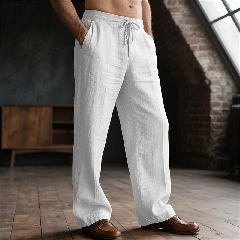 Men's Linen Pants Trousers Drawstring Pocket Elastic Waist Plain Comfort Breathable Daily Basic Black White2
