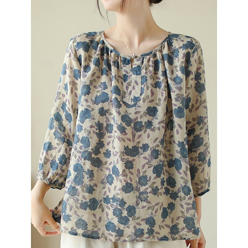 Women's Cotton Linen Shirts Floral Basic Casual 3/4 Length Sleeve Crew Neck Regular Tops Daily Print Blue Summer3