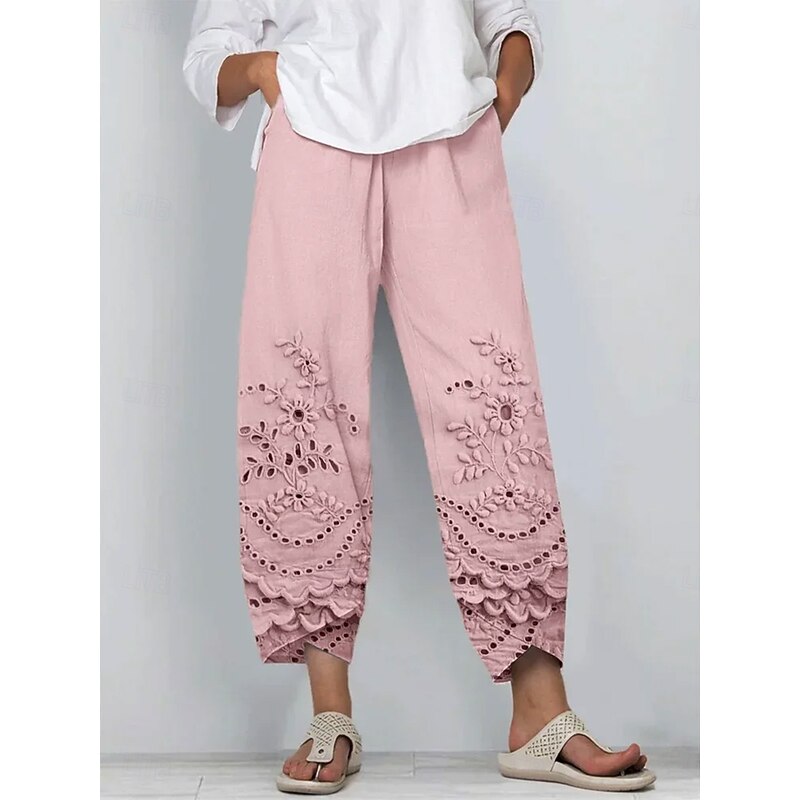 Women's Chinos Baggy Pants Vacation Vintage Ethnic Style Full Length High Waist Floral Graphic 3D Drawstring Patchwork Embroidered Breathable Micro-elastic Vacation Casual Daily Pinky Robin's Egg4