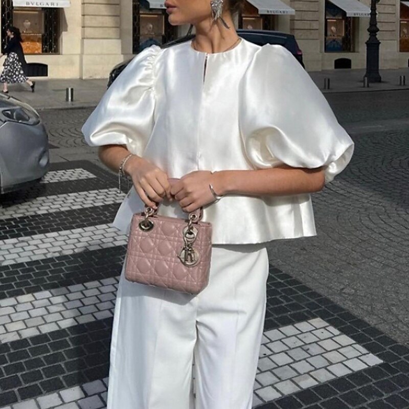 Women's Blouse Plain Stylish Modern Half Sleeve Puff Sleeve Crew Neck Regular Tops Holiday Going out Ruched White Fall2