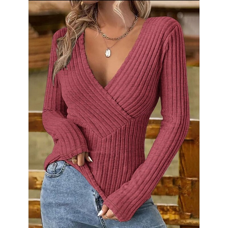Women's Blouse Solid Color Elegant Stylish Basic Long Sleeve V Neck Regular Tops Daily Ruched Silver Red Light Brown Green Apricot Summer Spring3