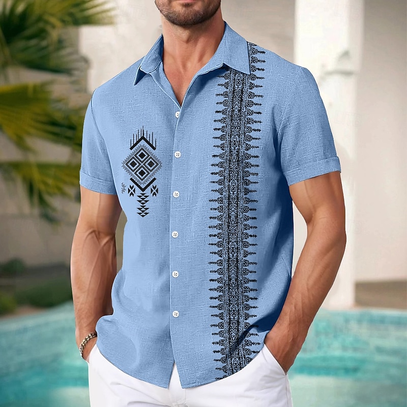 Men's Shirt Linen Shirt Summer Shirt Beach Wear Geometric Vacation Casual White Blue Khaki Gray Short Sleeve Lapel Summer Spring & Summer Clothing Apparel Patchwork