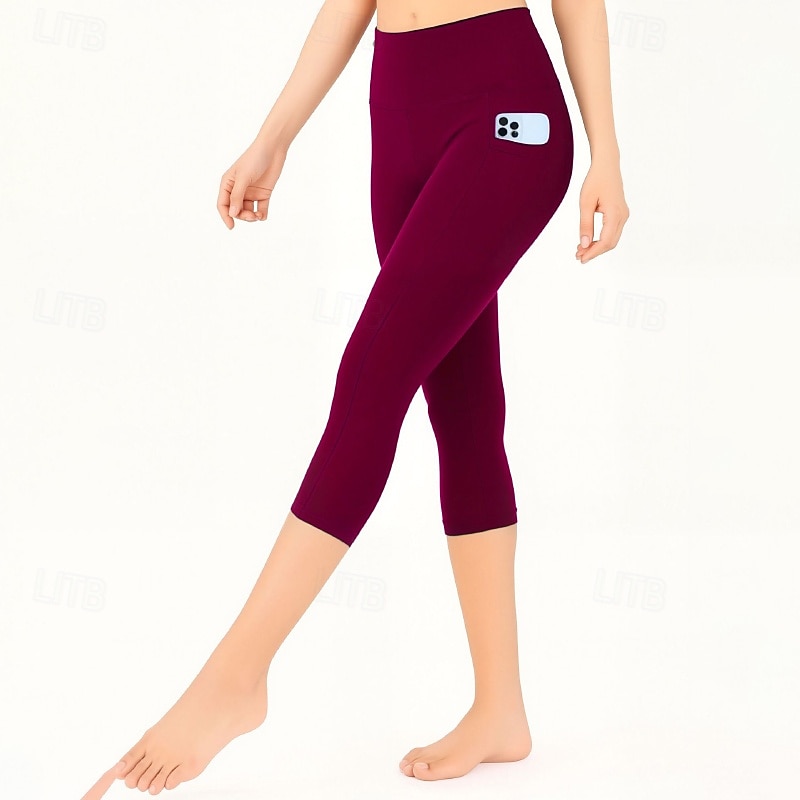 Women's Capri Pants Leggings Cozy Leggings Streetwear Casual Calf-Length Natural Plain Pocket Elastic Waist Comfy Outdoor Comfortable Vacation Yoga Athleisure Wine Grey Black Dark Blue Summer Regular3