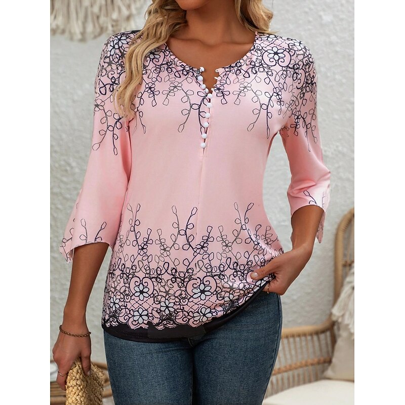 Women's Blouse V Neck Floral Graphic Elegant 3/4 Length Sleeve Crew Neck Regular Tops Daily Going out Ruffle Buttons Pink Spring Fall