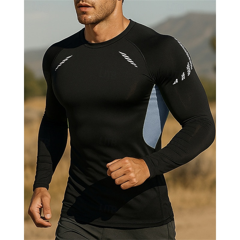 Men's Running Top Running Shirt Long Sleeve Tee Tshirt Color Block Spandex Quick Dry Lightweight Elastic Breathable Tennis Golf Running Sportswear Activewear Blue Black Black White