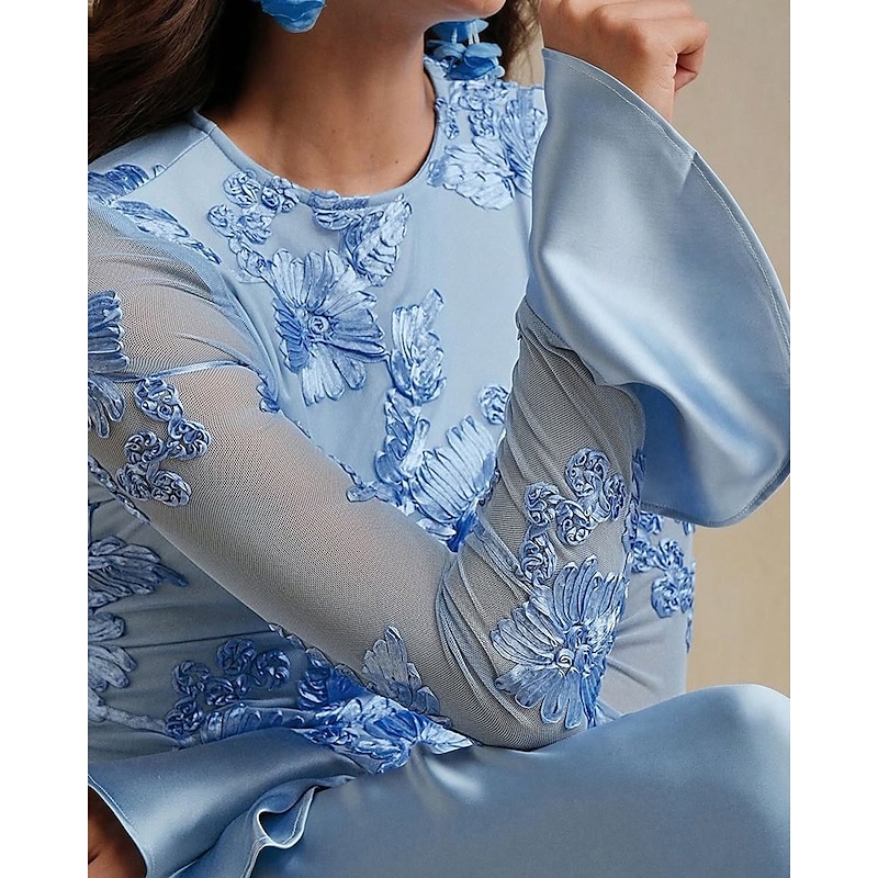 Ribbon Lace Mother of the Bride A-Line Evening Gown Elegant Dress Formal Wedding Floor Length Long Sleeve Crew Neck Stretch Material2