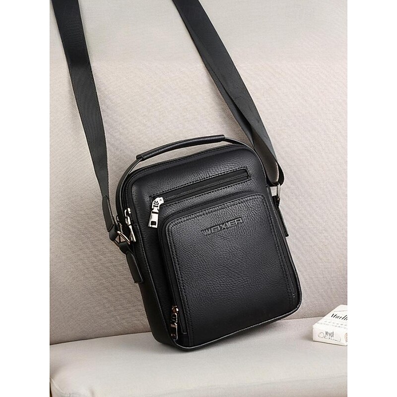 Men's Brown Black Faux Leather Crossbody Messenger Bag with Multiple Zipper Compartments for Business Travel and Daily Office Use4