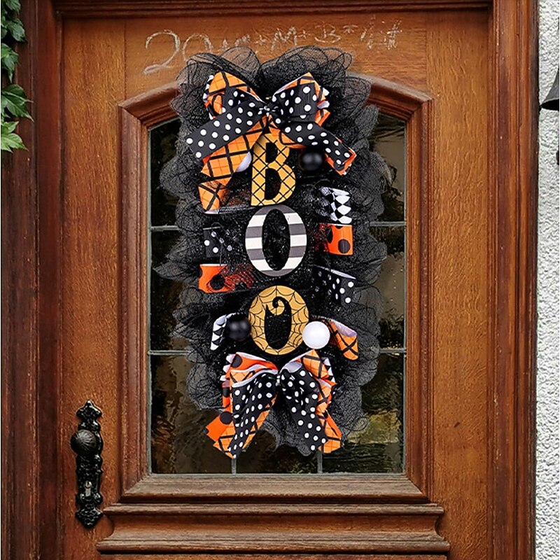 Halloween Swag Wreath for Front Door BOO Pumpkin Hanging Decoration, Scary Halloween Door Sign Garland for Porch Yard Wall Indoor Outdoor Decor