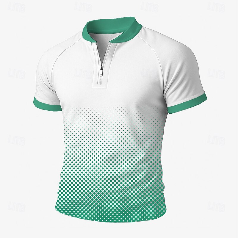 Men's Color Block Geometic Zip Polo Short Sleeve Standing Collar Business Leisure Business Athleisure Casual Daily Zipper 3D Print Summer Robin's Egg Blue Black Green2