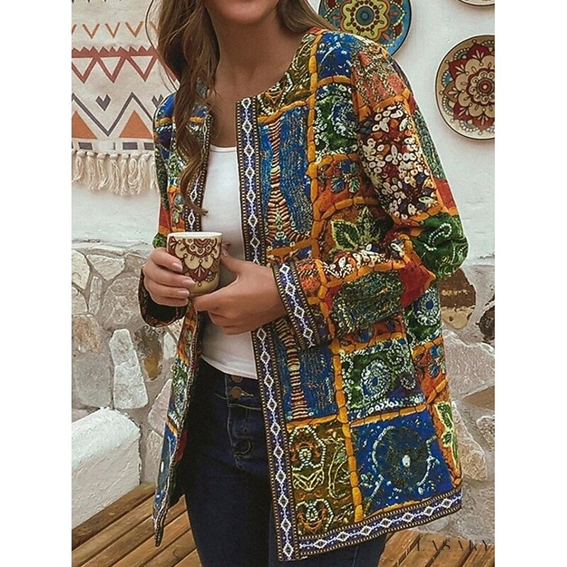 Women's Blazer Work Print Floral Comfortable Elegant Regular Fit Outerwear Long Sleeve Fall Yellow S2