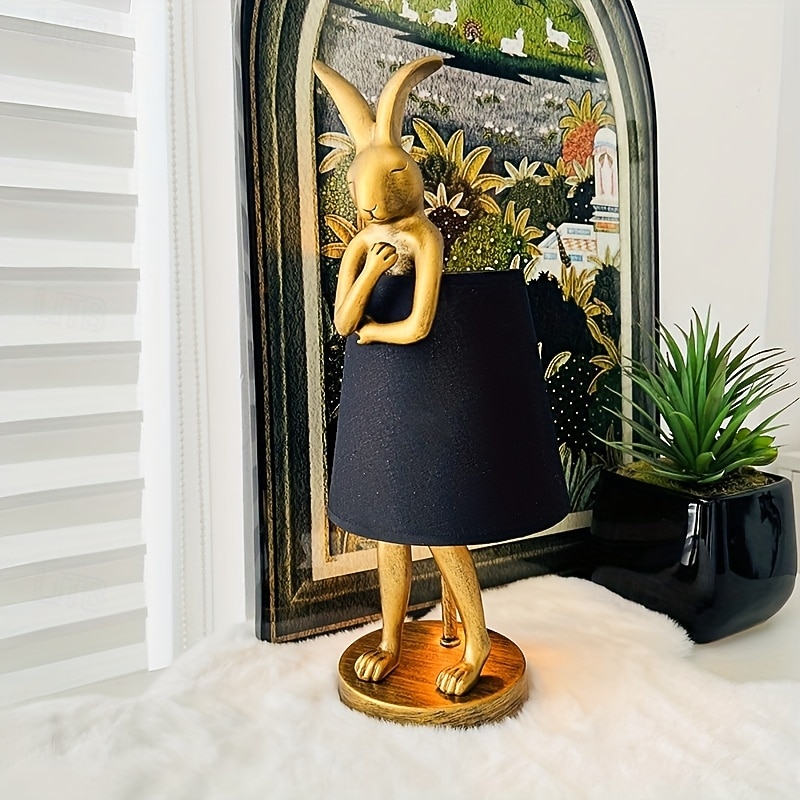 Mid-Century Modern Rabbit Table Lamp with Linen Shade USB-Powered Decorative Desk Light Golden Finish Soft Ambient Lighting for Living Room Bedroom or Study Desk Lamp