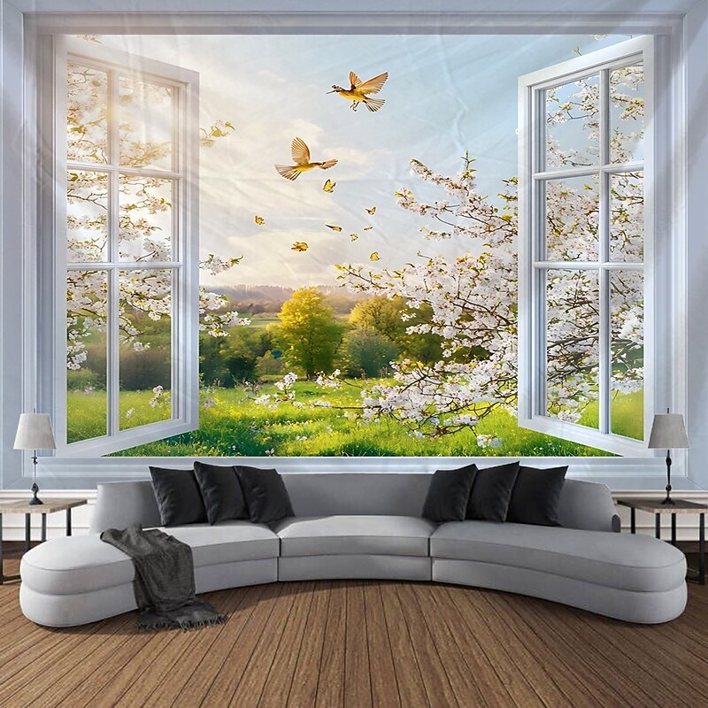 Window Flowers Flowers Plants Landscape Tapestry Decorative Art Carpet Curtain Hanging Home Bedroom Living Room Decoration