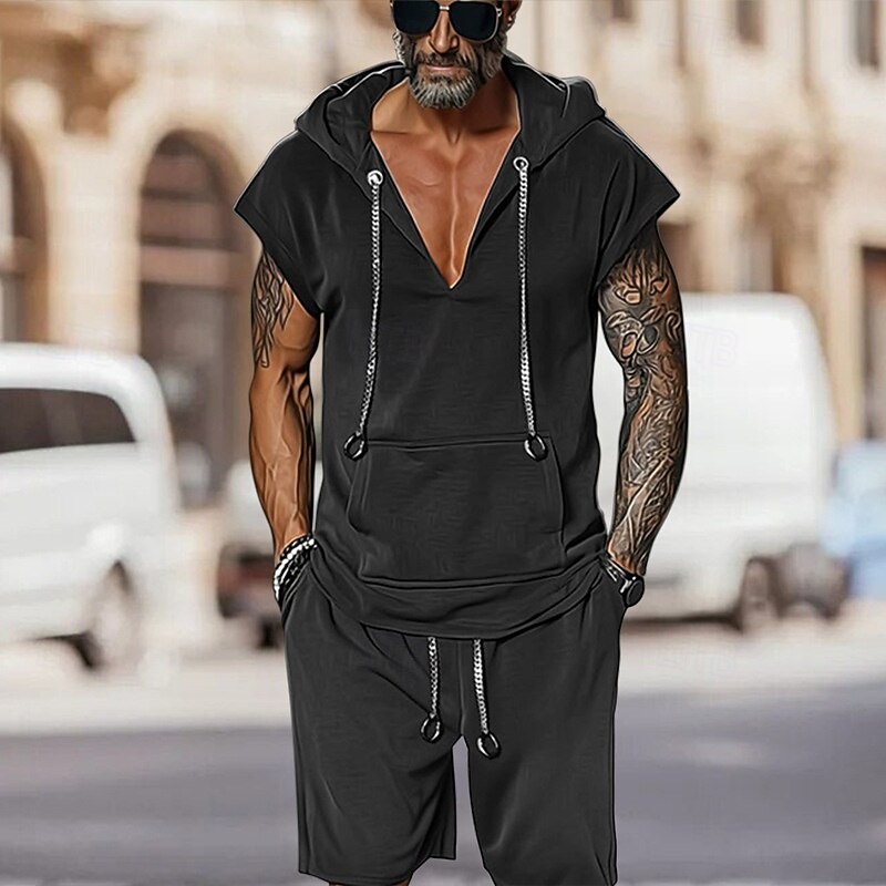 Men's T-shirt Suits 2 Pieces Outfits Tee & Shorts Short Sleeve Hooded Summer Plain Fashion Casual 2 Piece Vacation Daily Wear Going out Black Brown Top Tee for Men3