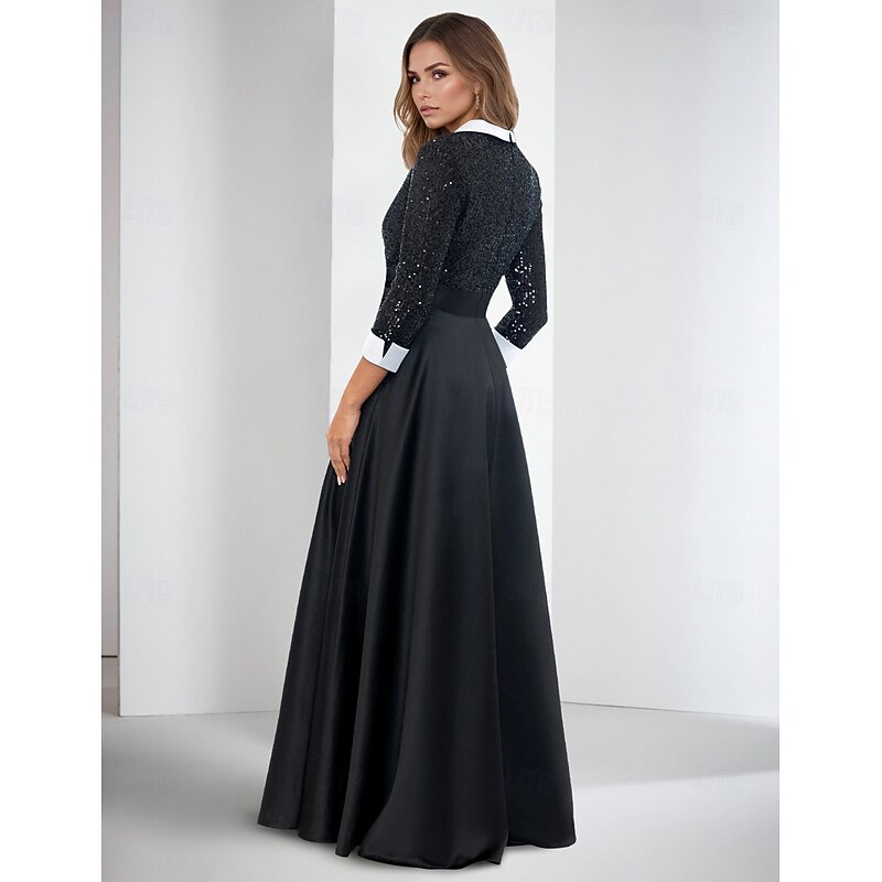 Tuxedo Dress A-Line Formal Wedding Party Satin Glitter Elegant Color Block 3/4 Length Sleeve Floor Length Notched Lapels2