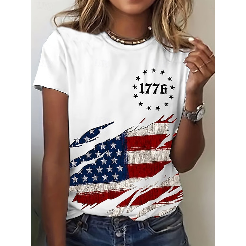 Women's Patriotic  T Shirt Graphic Flag Vintage Stylish Classic Short Sleeve Crew Neck Regular Tops Daily Weekend Print Black White Blue Summer Spring