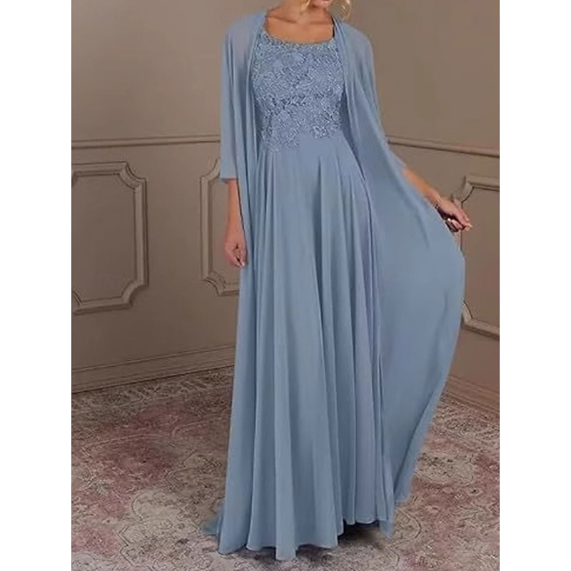 Two Piece Dress Sets Mother of the Bride Dress Elegant Simple Square Neck Floor Length Chiffon Sleeveless with Solid Color2