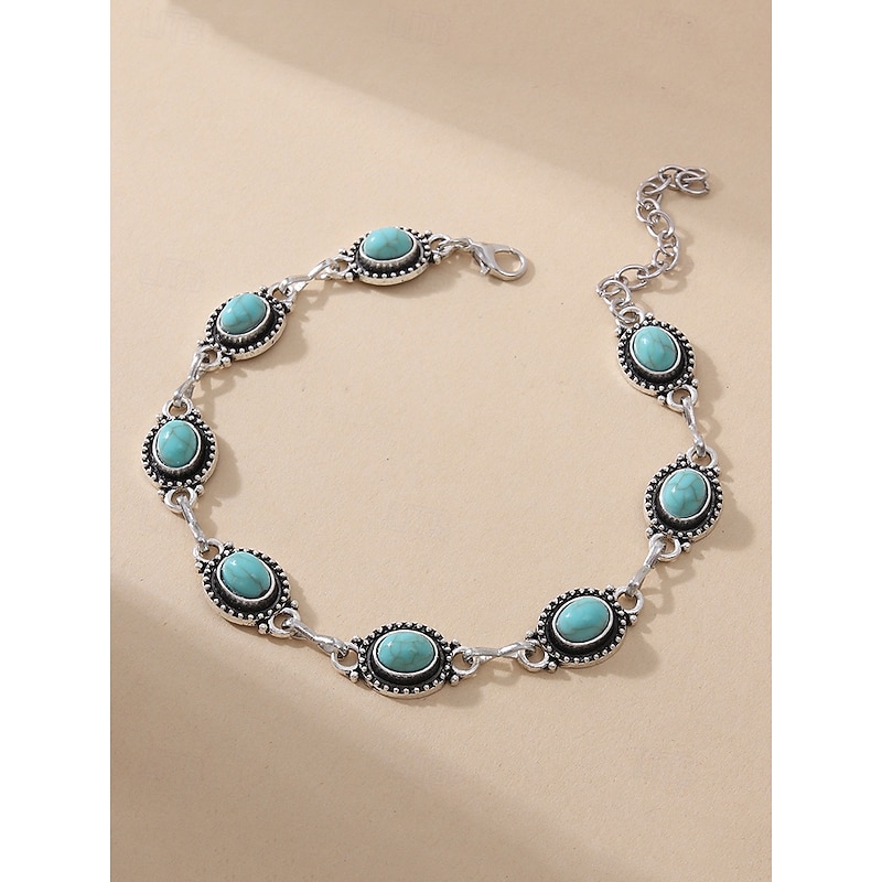 Women's Vintage Boho Turquoise Stone Anklet – Adjustable Silver Chain Bracelet with Oval Gem Charms for Summer Beach, Festival and Casual Wear4