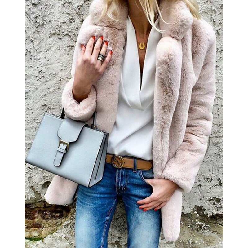 Women's Coat Warm Comfortable Fur Collar Casual Plain Going out Casual Daily Open Front Regular Turndown Regular Fit Long Sleeve Outerwear White Pink Red Fall Winter2