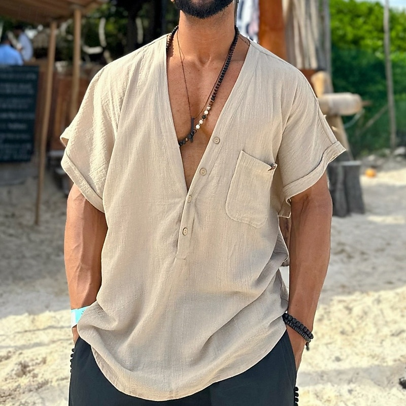 Men's Shirt Summer Shirt Casual Shirt Button Up Shirt Beige Short Sleeve Plain V Neck Vacation Hawaiian Pocket Clothing Apparel Polyester Fashion Casual Comfortable