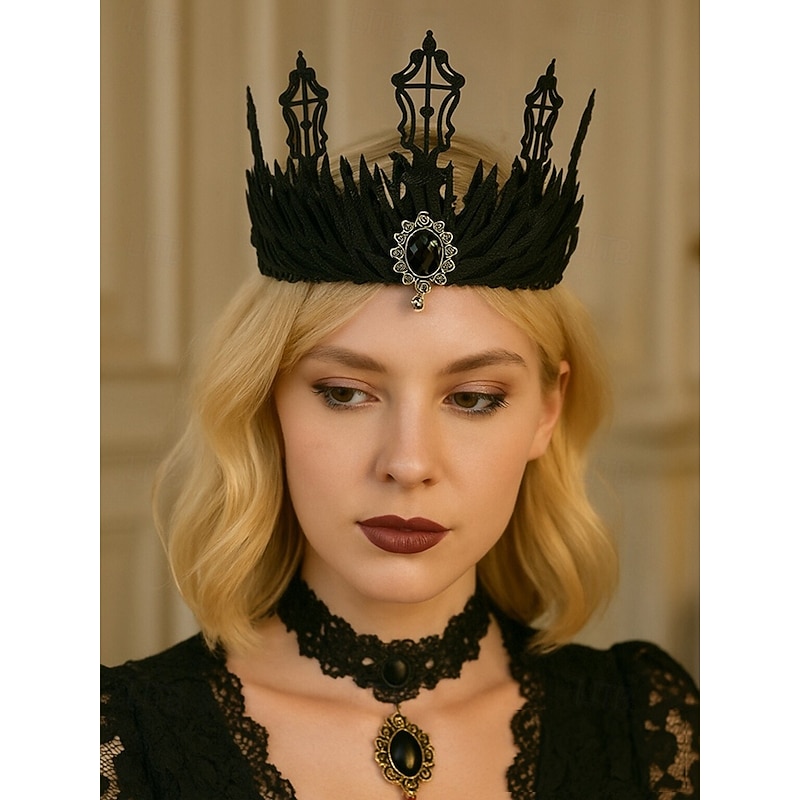 Women's Gothic Black Lace Crown Headband with Gem Pendant, Halloween Party Queen Tiara, Vintage Style Costume Accessory for Adults2