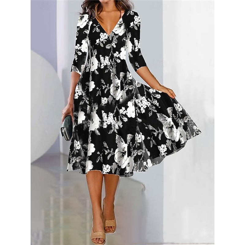 Women's Maxi Dress A Line Dress Semi Formal Office Regular Fit Floral 3/4 Length Sleeve V Neck Black Blue Purple Green Spring Fall