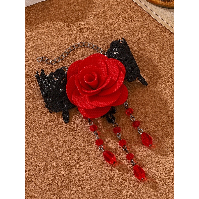 Women's Gothic Red Rose Jewelry Set with Lace Choker, Earrings and Bracelet, Vintage Victorian Costume Accessories for Halloween Party and Gothic Fashion4