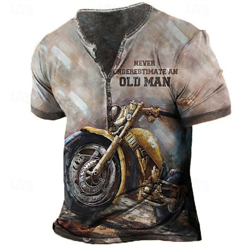 Men's Graphic Motorcycle Henley Shirt Short Sleeve 3D Print Fashion Designer Comfortable Outdoor Daily Spring & Summer Blue Green Army Green Coffee Henley Henley T-Shirt