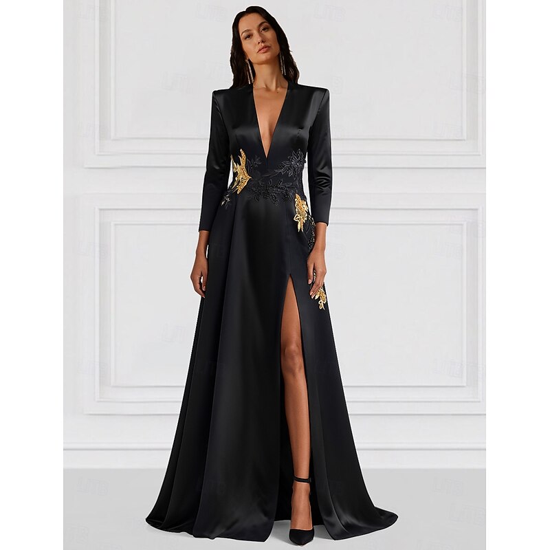 Tuxedo Dress A-Line Formal Wedding Wedding Guest Satin Elegant Silky Long Sleeve Floor Length Split Thigh V Neck
