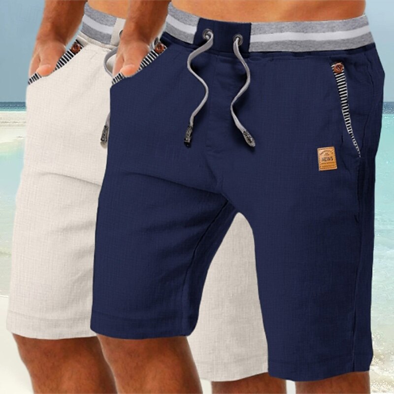 Men's Shorts Linen Shorts Summer Shorts Beach Shorts Drawstring Pocket Elastic Waist Plain Comfort Breathable Knee Length Daily Holiday Beach Vacation Fashion Black+sky blue Khaki+Navy Blue4