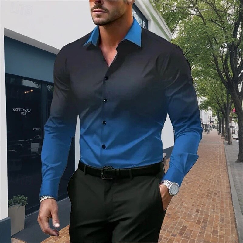 Men's Shirt Summer Shirt Casual Shirt Beach Shirt Button Up Shirt Black Blue Green Light Blue Long Sleeve Gradient Lapel Vacation Hawaiian Clothing Apparel Polyester Fashion Casual Comfortable2