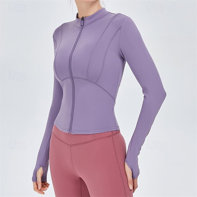 Women's Pilates jacket Flat Neckline Lightwear Breathable Sweat-absorbent Zipper Long Sleeve Sports Solid Color Top For Pilates Gym Zumba Tight Fit Activewear