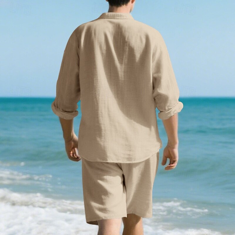 Men's T-shirt Suits 2 Pieces Outfits Tee & Shorts Long Sleeve Lapel Summer Plain Fashion Casual 2 Piece Vacation Daily Wear Going out Black White khaki Top Tee for Men2