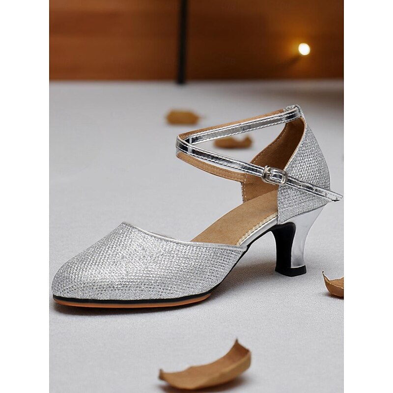 Women's Professional Glitter Mesh Dance Shoes with Gold Metallic Accents and Adjustable Ankle Strap for Ballroom and Latin Dance4