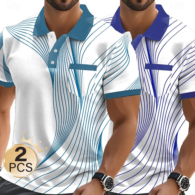 Men's Graphic Geometric Polo Short Sleeve Polo Shirts Collared Shirts Business Casual Outdoor Business Athleisure Daily Wear Pocket 3D Print Buttons Summer Black + blue Light blue + blue Red + Black