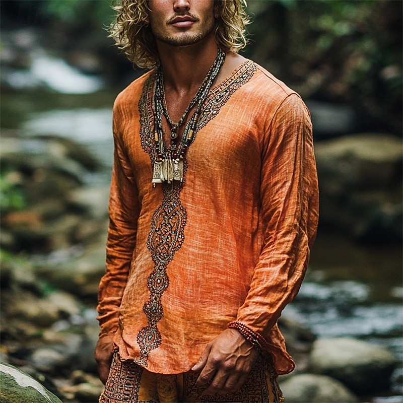 Men's Linen Shirt Summer Shirt Vintage Shirt Ethnic Shirt Long Sleeve Shirt Boho Vacation Street Orange Long Sleeve V Neck Summer Spring Clothing Apparel Ethnic