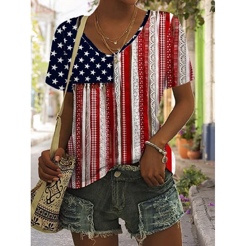 Independence Day Women's T Shirt Flag American Flag National Flag Stylish Casual Short Sleeve V Neck Regular Tops Daily Weekend Print Black Summer Spring4