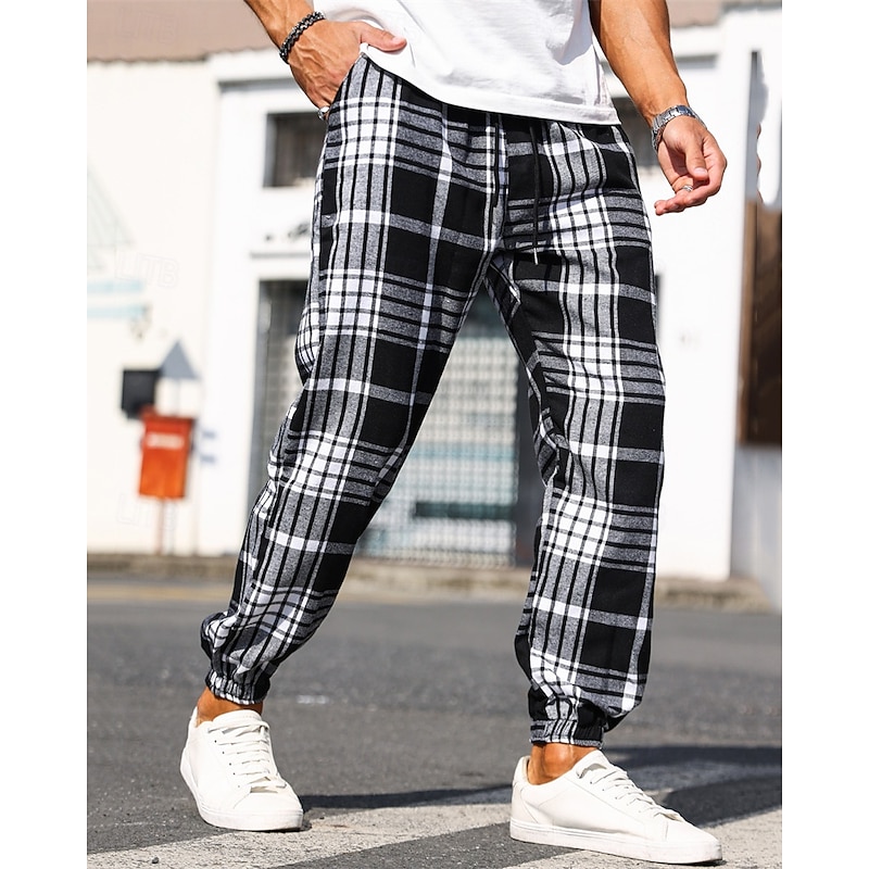 Men's Trousers Casual Pants Drawstring Elastic Waist Plaid Wearable Outdoor Daily Fashion Classic Black3