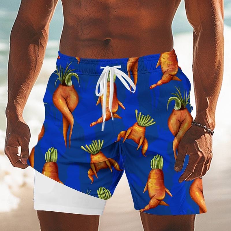 Men's Funny Shrimp Lined Shorts 2 in 1 Board Shorts Swim Shorts Mid Waist Hawaiian Holiday Beach Wear Side Pockets With Compression Liner Elastic Drawstring Waist Designer Clothing Apparel