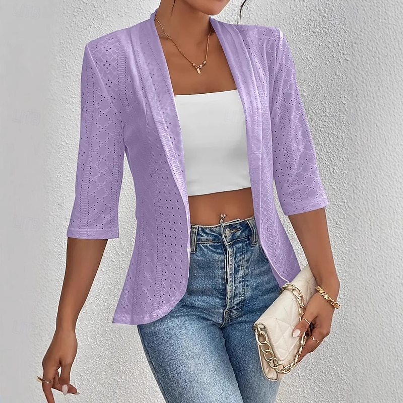Women's Casual Jacket Breathable Quick Dry Lace Casual Office / Career Collarless Regular Fit 3/4 Length Sleeve Outerwear Black White Violet Spring Fall2