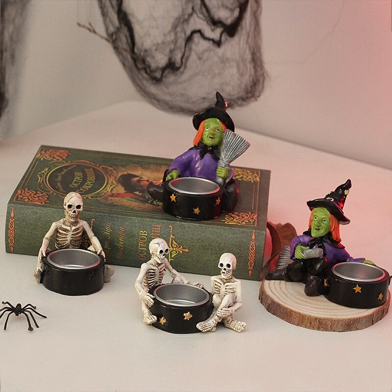 Halloween Resin Figurine Witch Skull Candle Holder Decoration Spooky Tabletop Ornament for Party Home Decor Gothic Style Resin Craft Halloween Haunted House Display