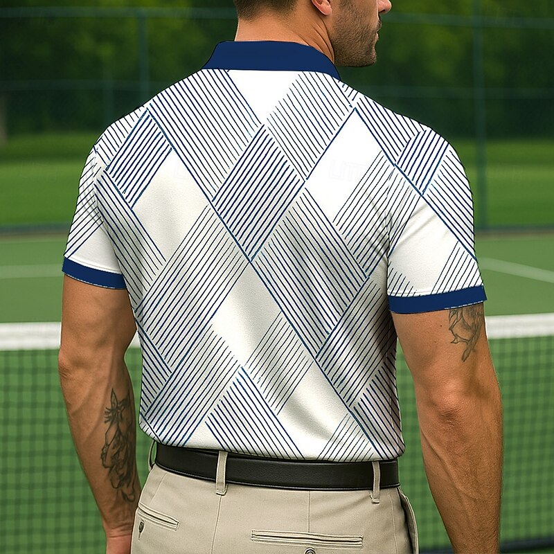 Men's Geometic Line Polo Short Sleeve Turndown Office Casual Daily Buttons Pocket Summer Violet Robin's Egg Blue White2