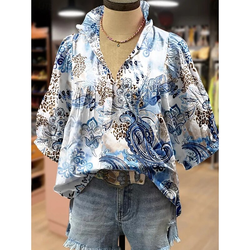 Women's Shirt Floral Paisley Stylish Modern Half Sleeve V Neck Regular Tops Daily Holiday Print Grass Green Red Royal Blue Blue Green Summer4