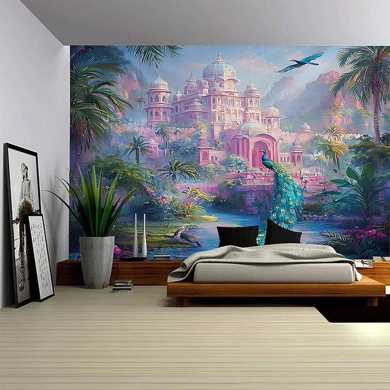 Beautiful Flowers Peacock Castle Architectural Landscape Hanging Tapestry Mural Art Large Tapestry Mural Decoration Photos Background Carpet Curtains Home Bedroom Living Room Decoration2