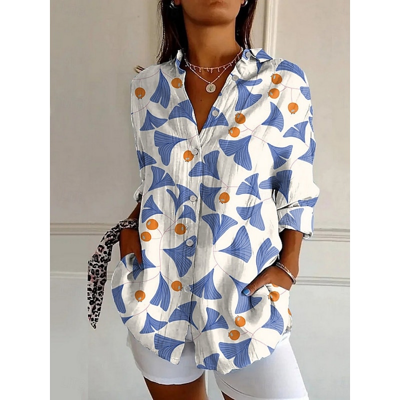 Women's Shirt Floral Graphic Active Daily Stylish Long Sleeve Shirt Collar Regular Tops Daily Holiday Buttons Print White Red Navy Blue Blue Khaki Spring Fall