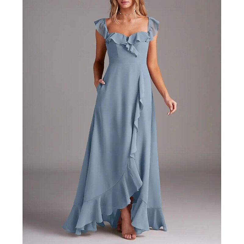 A-Line Bridesmaid Dress Sweetheart Short Sleeve Elegant Asymmetrical Chiffon with Ruffles / Split Front